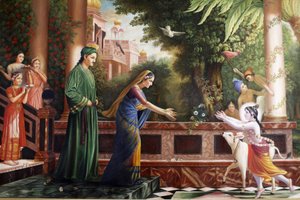 Maalaus Bhaktivedanta Manorissa, joka kuvaa nuorta Krishnaa juoksemassa äiti Yasodan ja Nanda Maharajin (hänen sijaisvanhempiensa) Watford Grande-Bretagnen luo tekijältä Unbekannt