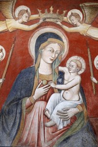 Maalaus Basilica di Santa Caterinassa, Galatina, Apulia: Enkelit kruunaavat Mariaa pitelemässä Jeesusta, Galatina, Italia tekijältä Unbekannt