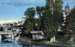 Pays de la Loire, Sarthe (72), Le Mans: Sarthen rannat ja roomalaiset gallon rauniot lähellä ”X-siltaa”” - Postikortti 1800- ja 1900-luvun lopulla tekijältä Unbekannt