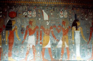 Farao Horemheb jumalatar Isisin ja jumala Horuksen kanssa, muinainen egyptiläinen, 1300-luvulla eaa. tekijältä Unbekannt