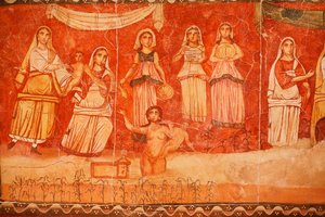 Faarao ja Mooseksen lapsuus, fresko Douran synagogasta (Dura) Europos, 244-245, ja säilytetään Damaskoksen kansallismuseossa. Kuva otettu New Yorkin juutalaismuseossa näyttelyn aikana. tekijältä Unbekannt
