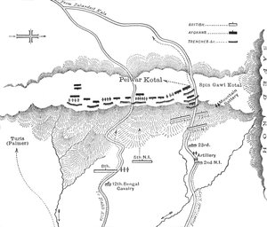 Hyökkäyssuunnitelma Peiwar Kotaliin 2.12.1878, c1880 tekijältä Unbekannt