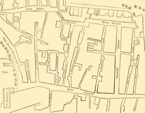Suunnitelma osan Westminsteristä vuosien 1734 ja 1748 välisenä aikana – ennen Great George Streetin pystyttämistä tekijältä Unbekannt
