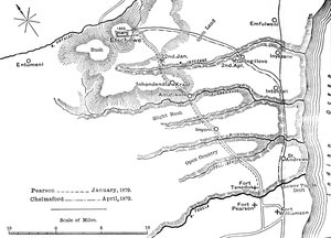 Suunnitelma Pearsonin marssista tammikuussa 1879 ja Chelmsfordin marssista huhtikuussa 1879 Etschoween vuonna 1880 tekijältä Unbekannt