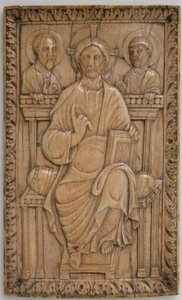 Kiltti, jossa Kristus istuu valtaistuimella kahden apostolin kanssa, Carolingian, 850-875. tekijältä Unbekannt