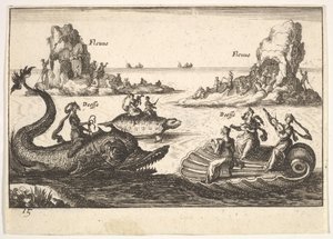 Levy 15: Joet ja jumalattaret, kelluvat saaret, joita ohjaavat tangonkannattajat, naishahmo..., 1664. tekijältä Unbekannt