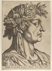 Levy 7: Servius Galba profiilissa oikealla, teoksesta "The Twelve Caesars", 1610-40. tekijältä Unbekannt