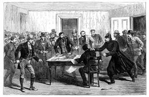 Poliisi teki ratsian kansallisiin vuokratoimistoihin Loughreassa, Irlannissa, 1887 tekijältä Unbekannt