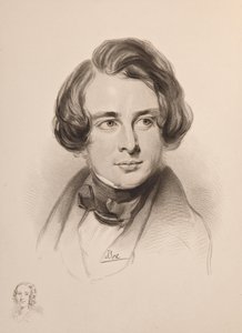 Charles Dickensin muotokuva. Luonnos Dickensin sisaresta Fannysta, alhaalla vasemmalla, 1842. tekijältä Unbekannt