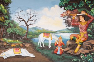Preah Prom Rathin luostari Buddhan elämä Suuri Tonsure: Buddha leikkaa hiuksensa miekallaSitten hän vaihtoi prinssi vaatteensa kerjäläisvaatteisiinSitten hän aloitti valaistumisen etsintä, Siem Reap, Kambodža tekijältä Unbekannt