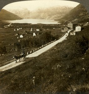 Kaunis vuoristoseinämäinen kylä ja Roldalin järvi karussa Länsi-Norjassa, vuodelta 1905. tekijältä Unbekannt