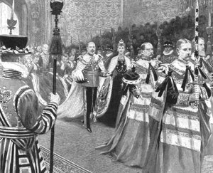 Prinsessa Alexandra...kuningas Edward VII:n ensimmäisen parlamentin avajaisissa vuonna 1901. tekijältä Unbekannt
