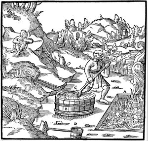 Suolan valmistus haihduttamalla luonnollista suolavettä kaatamalla se palavaan hiilikuoppaan, 1556 tekijältä Unbekannt