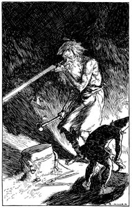 Kiekko auttaa Waylandia, jumalien Smithiä, takomaan miekan, 1909 tekijältä Unbekannt