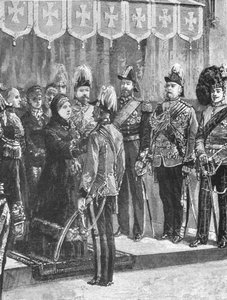 Kuningatar Victoria koristelemassa upseeria... Windsorissa, 8. joulukuuta 1879, 1901. tekijältä Unbekannt