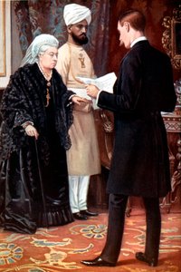 Kuningatar Victoria kuuntelee lähetystä etulinjasta buurisodan aikana, 1899-1901. tekijältä Unbekannt
