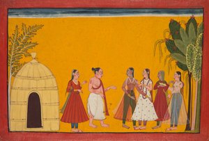 Rama ja Sita viedään papin luo sopiakseen hääpäivämäärästä, sivu Ramayanasta..., c1700-17 tekijältä Unbekannt