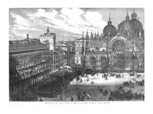 Italian joukkojen vastaanotto Pyhän Markuksen katedraalin edessä, Venetsia, 1866 tekijältä Unbekannt