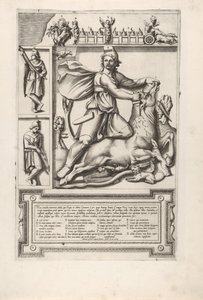 Relifi, jossa Mithras polvistuu härän selkään ja lyö miekan sen olkapäähän, vasemmalla tw..., 1564. tekijältä Unbekannt
