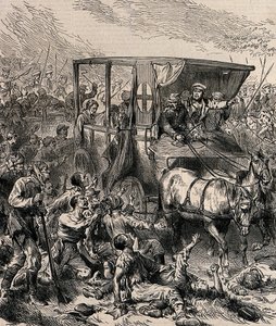 Haavoittuneiden venäläisten sotilaiden pelastaminen taistelukentältä, n. 1878 tekijältä Unbekannt