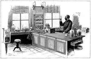 Robert Koch 1843-1910, saksalainen bakteriologi ja lääkäri laboratoriossaan tekijältä Unbekannt