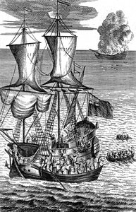 Robinson Crusoe pelastaa tulessa olevan laivan miehistön merellä, n. 1719 tekijältä Unbekannt