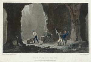 Kivisuola: Kaivostyöläiset töissä suolakaivoksessa lähellä Krakovaa, Puola, n. 1820 tekijältä Unbekannt