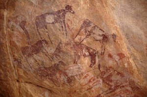 Kalliotaide, esihistoria: Maalaus karjaryhmästä ja hahmoista koristeellisessa suojissa Uweinatin vuoristossa, Sudanissa (Karkur-Talh tai Karkur Talh). Ajanjakso 8000-3000 vuotta eaa. Valokuvaus tekijältä Unbekannt