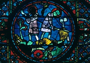 Roland murtaa miekkansa ja soi torveen, lasimaalaukset, Chartresin katedraali, Ranska, 1194-1260 tekijältä Unbekannt