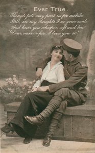 Romanttinen postikortti, jossa on sotilas ja hänen rakas, vuodelta 1914-18 tekijältä Unbekannt