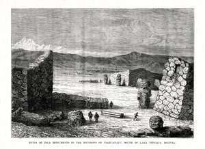 Inkamonumenttien rauniot Tiahuanacun ympäristössä, Titicaca-järven eteläpuolella, Bolivia, 1877 tekijältä Unbekannt