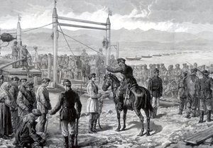 Venäläiset vangit sotilaallisen saattajan alla odottamassa lautalla Jenissei-joen yli, Siperia, 1882 tekijältä Unbekannt