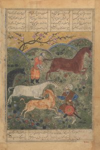 Rustam vangitsee hevosen Rakhshin, folion Shahnama Kings Bookista..., 1400-luvun loppu. tekijältä Unbekannt