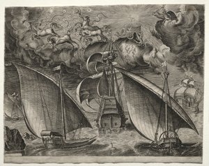 Purjealukset: Kaksi keittiötä purjehtimassa aseistetun kolmipäällikön takana Phaetonin kanssa..., 1561-65. tekijältä Unbekannt