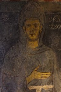 Pyhä Franciscus Assisilainen Yksityiskohta hänen vanhimmasta muotokuvastaan, 1200-luvulta tekijältä Unbekannt