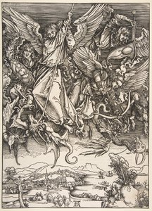 Pyhä Mikael taistelee lohikäärmettä vastaan, The Apocalypse, 1498. tekijältä Unbekannt
