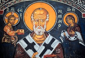 Pyhä Nikolaus ympäröi Kristuksen ja Marian bysanttilainen fresko 1300-luvulta (1332) Nathex, eteläseinä Phorbiotissan Neitsytkirkko, Asinou Unescon sivusto Troodosin alue, Kypros tekijältä Unbekannt