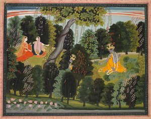 Sakhi suostuttelee Radhan tapaamaan Krishnan, Lambagraon Gita Govindasta..., n. 1820-1825. tekijältä Unbekannt
