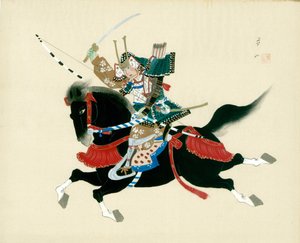 Samurai Warrior ratsastaa hevosella. Japanilainen maalaus silkille, perinteiseen japanilaiseen tyyliin tekijältä Unbekannt