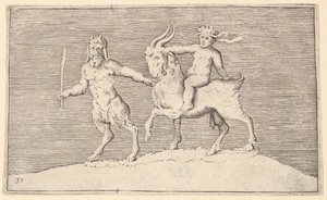 Satyr Leading Goat, jolla Infant Rides, julkaisi n. 1599-1622. tekijältä Unbekannt