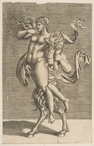 Satyr kantaa nymfiä pidätellen oikeaa käsiään, n. 1515-1600. tekijältä Unbekannt
