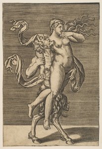 Satyr kantaa nymfiä pidätellen oikeaa käsiään, n. 1515-1600. tekijältä Unbekannt