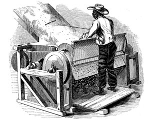 Avojaloin mustatyöläisen sahausginiä puuvillan puhdistamiseen, Etelä-USA, 1865 tekijältä Unbekannt