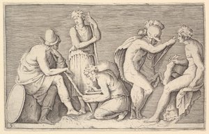 Scene of Sacrifice with Warrior Killing Ram ja neljä muuta hahmoa, julkaistu n. 1599-1622. tekijältä Unbekannt