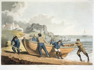 Merimiehet nostamassa klinkkerivenettä rantaan, 1821 tekijältä Unbekannt