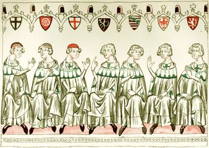 Seitsemän prinssin vaaliruhtinasta äänestää Henry VII:n, Pyhän Rooman keisarin, puolesta Kopio Balduineumin pienoismallista, 1341 tekijältä Unbekannt