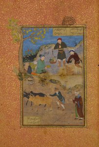 Shaikh Mahneh ja kyläläinen, Folio 49r Mantiq al-tairin lintujen kielestä, 1487. tekijältä Unbekannt