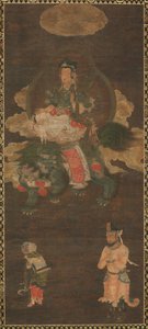 Shakyamuni Triad: Buddha, johon osallistuivat Manjushri ja Samantabhadra Bodhisattva leijonan kanssa, 1300-luvun loppu tekijältä Unbekannt