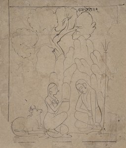 Shiva ja Parvati vuoren luolassa, n. 1800. tekijältä Unbekannt