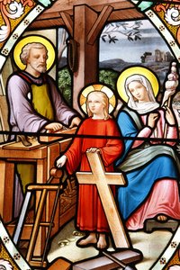La Saletten Neitsyt Marian pyhäkkö Lasimaalaus Jeesus isänsä työpajassa, La Salette, Ranska tekijältä Unbekannt